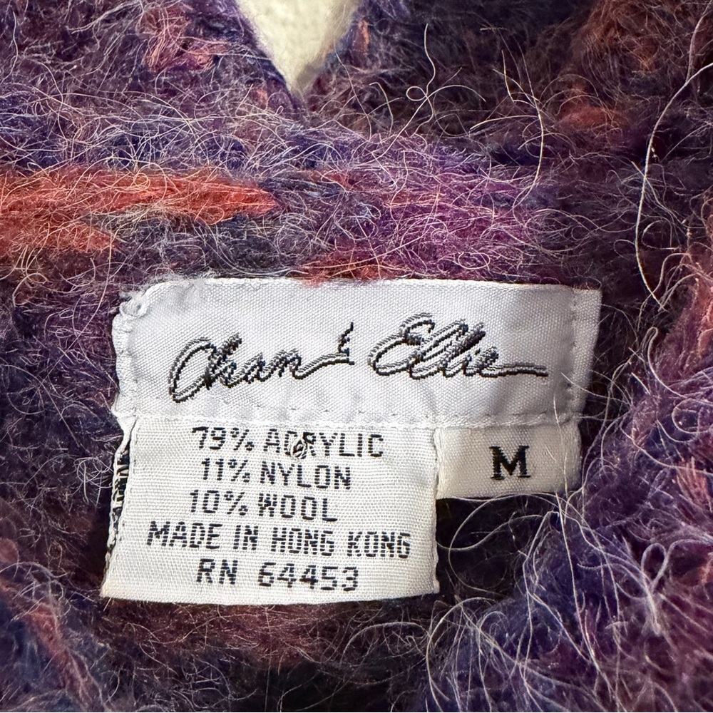 Vintage Chand Elle Fuzzy Hooded Cardigan Purple Rust Marled Wool Blend M - Picture 2 of 10